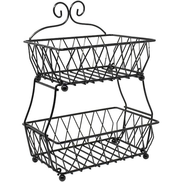 Kitchen Rectangular Black Metal Wire Basket Display Stand Drawer Organizer with 2-Tier Rack