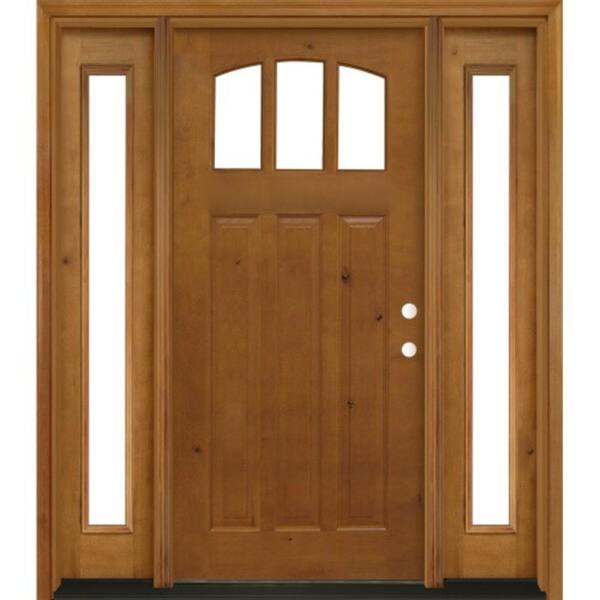 Steves & Sons 60 in. x 80 in. Craftsman 3 Lite Arch Stained Knotty Alder Wood Prehung Front Door with Sidelites