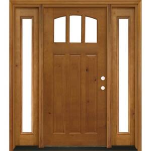 68 in. x 80 in. Craftsman 3 Lite Arch Stained Knotty Alder Wood Prehung Front Door with Sidelites
