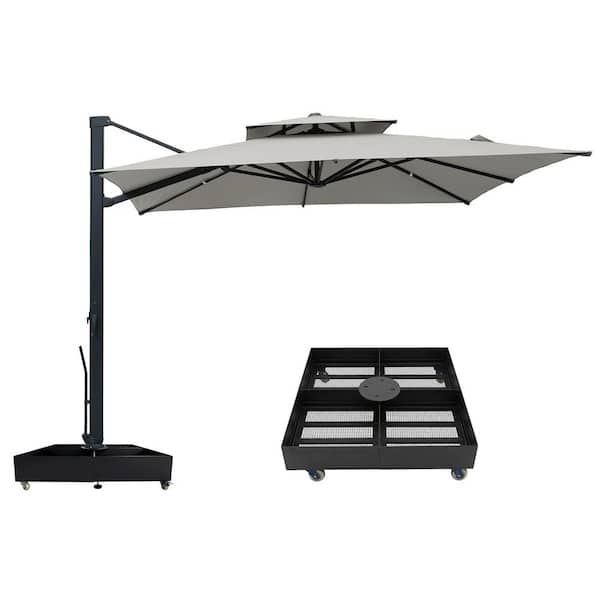 10 ft. x 13 ft. Double Top String Lights Cantilever Patio Umbrella in Silver Gray with 1100 lbs. Base Stand and Hooks