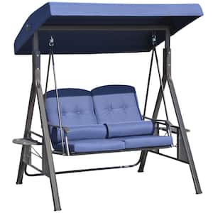 Dark Blue 2-Person Metal Patio Swing Chair with Adjustable Shade, Soft Cushions, Throw Pillows and Tray
