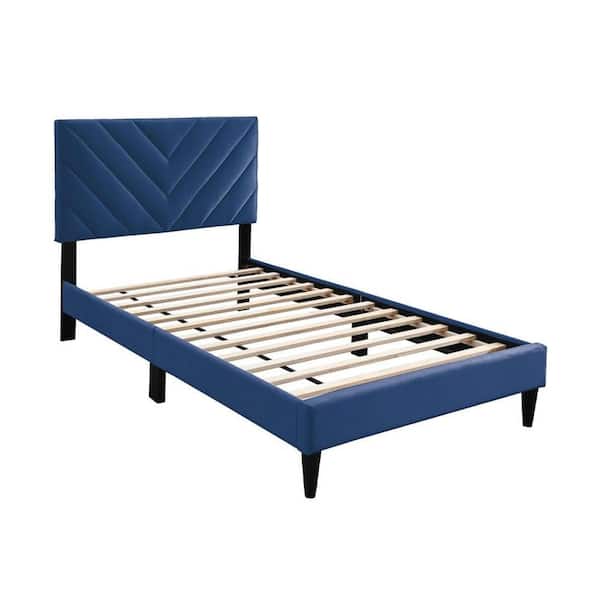 Benjara Lilian Navy Blue and Black Wood Frame Twin Platform Bed with Tufted Upholstered Headboard