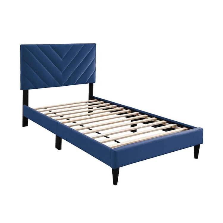 Benjara Lilian Navy Blue and Black Wood Frame Twin Platform Bed with Tufted Upholstered Headboard
