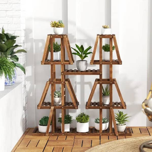 Cubilan Brown 5-Tier 10 Potted Wood Plant Stand for Multiple