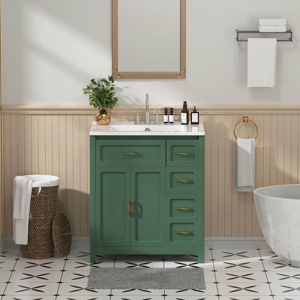 Findepot 30 in. Single Sink Freestanding Green Bath Vanity with White ...