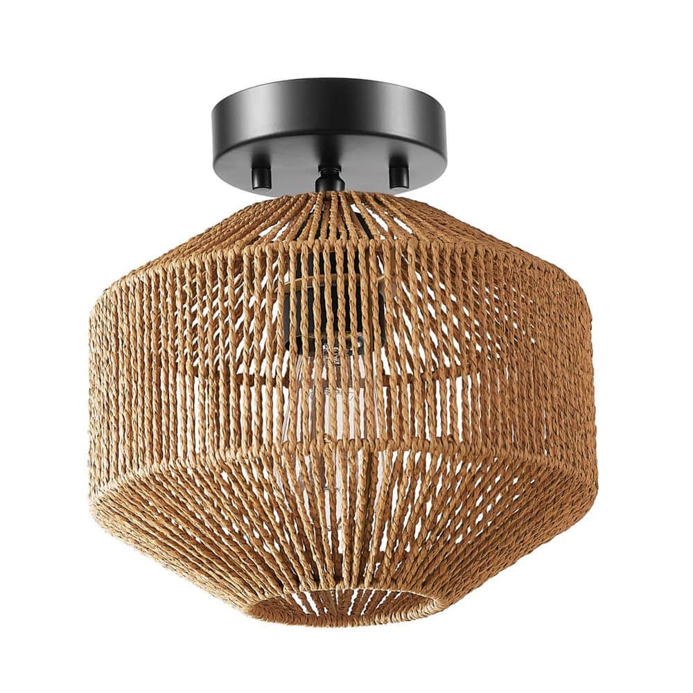 10.25 in. 1-Light Matte Black Semi-Flush Mount Ceiling Light with Paper Twi