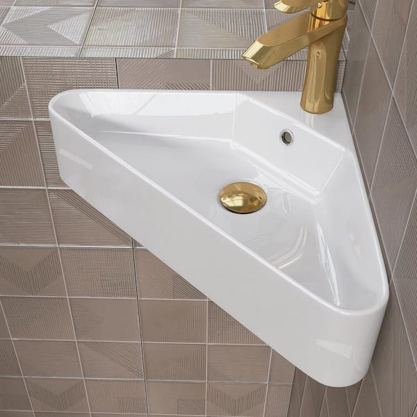 22.5 in Ceramic Corner Sink Wall-Mounted Rectangular Bathroom Sink with Single Faucet Hole in White Floating Vessel Sink