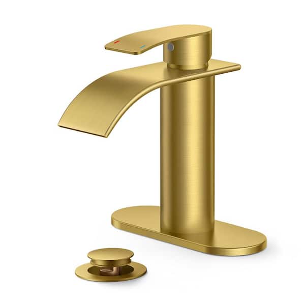 androme Waterfall Single Hole Single Handle Bathroom Vanity Faucet with Deck plate and Pop-Up Drain Included in Brushed Gold