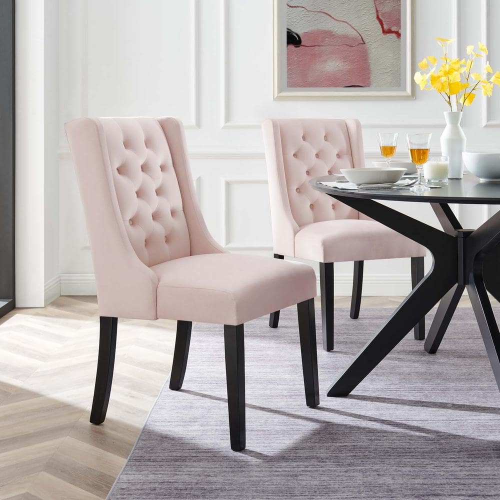 Baronet Pink Velvet Upholstered High Back Side Chairs with Wood Legs