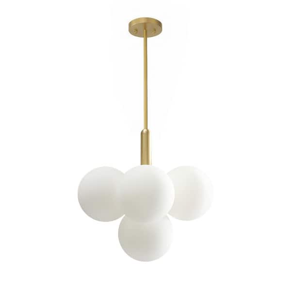 Y'INSP 5-Light Brass Mid-Century Modern Tiered Cluster Globe Bubble Chandelier with White Glass Shade
