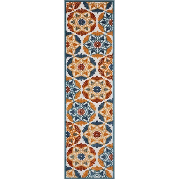 Dorado Cabo Modern Geometric Tile Pattern Blue 2 ft. 7 in. x 9 ft. 10 in. Runner High-Low Indoor/Outdoor Area Rug