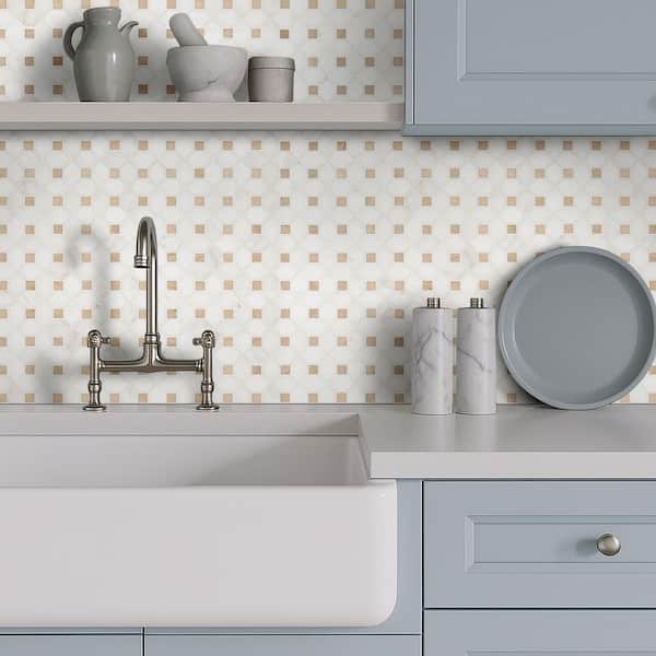 Bianco Dolomite Crema Dotty 13 in. x 13 in. x 0.38 in. Polished Marble Mesh-Mounted Mosaic Tile (10.7 sq. ft. /case)