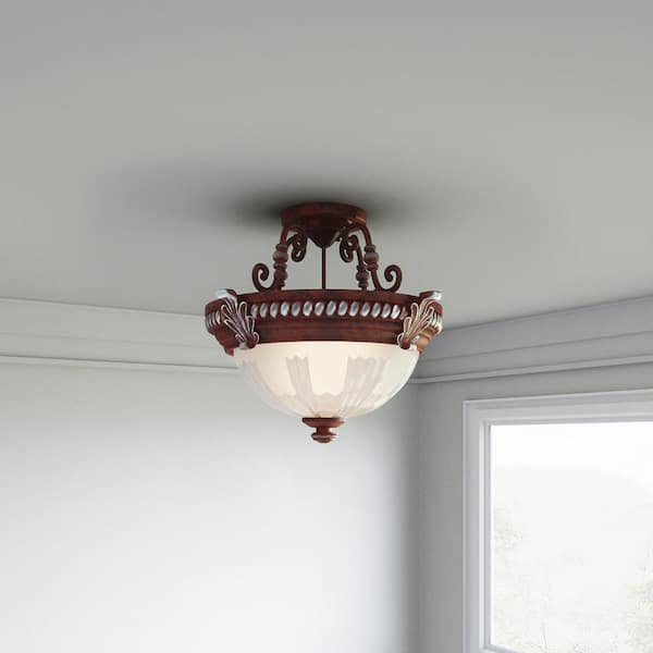 Hampton Bay Bercello Estates 15 in. Traditional 2-Light Volterra Bronze Semi-Flush Mount Ceiling Light with Etched Glass Shade