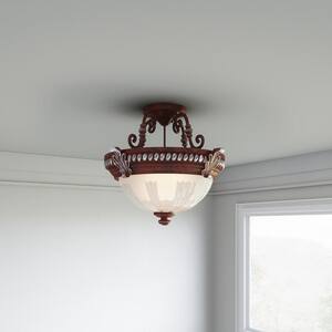 Bercello Estates 15 in. 2-Light Volterra Bronze Semi-Flush Mount with Etched Glass Shade
