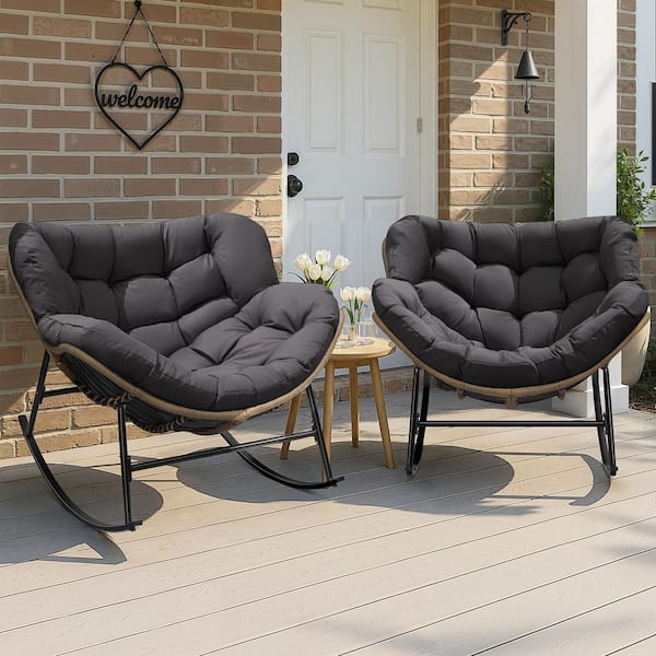 FINCATI Oversized Beige PE Wicker Outdoor Rocking Chair Papasan Chair with Gray Cushion (2-Pieces)