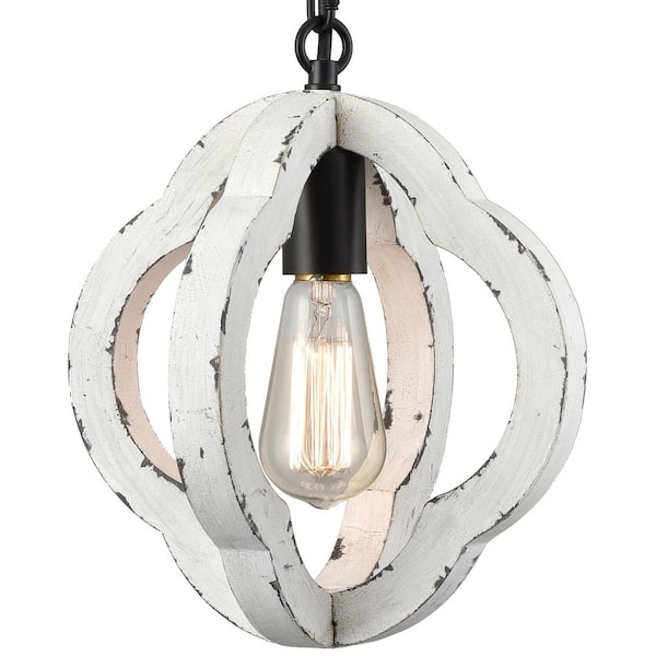 CLAXY Farmhouse Distressed White Wood Pendant Light Fixture XT
