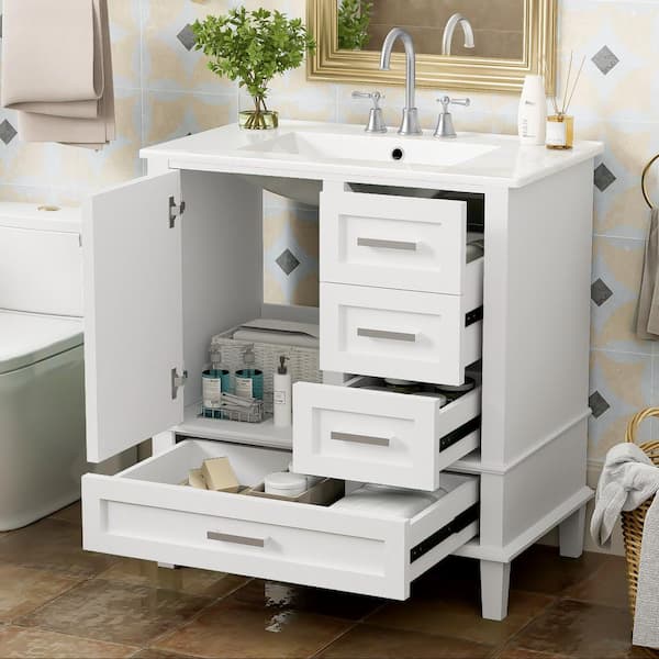 30 in. W Single Sink Freestanding White Bath Vanity with White Ceramic Top and Soft Closing Door, 3 Drawers Unassembled