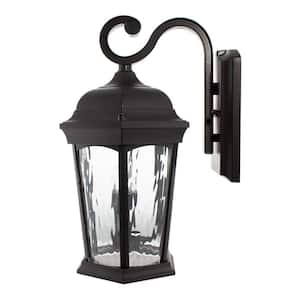 2-Light 14.6 in Bronze Motion Sensing Integrated LED Outdoor Wall Lantern Sconce with Flickering Bulb/Clear Glass