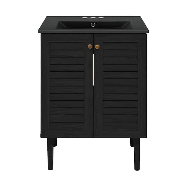 Swiss Madison Bron 24 in. Freestanding Bathroom Vanity in Black Oak with Black Ceramic 3-Hole Centerset Sink Top