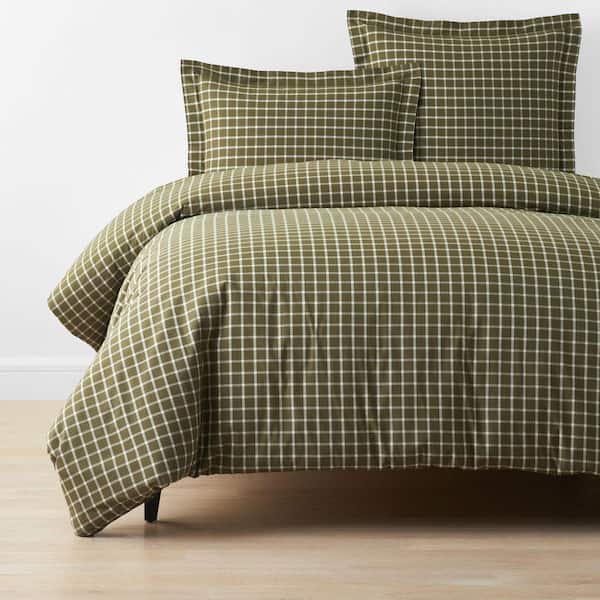 Company Cotton Windowpane Yarn-Dyed Green Queen Cotton Percale Duvet Cover