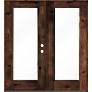 72 in. x 80 in. Rustic Knotty Alder Wood Clear Full-Lite red mahogony Stain Left Active Double Prehung Front Door