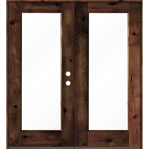 Krosswood Doors 72 in. x 80 in. Rustic Knotty Alder Wood Clear Full-Lite red mahogony Stain Left Active Double Prehung Front Door