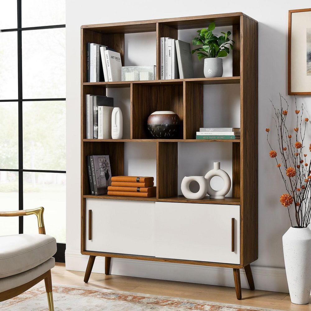MODWAY Transmit 67 in. Tall Walnut Linen Wood 8-Shelf Bookcase