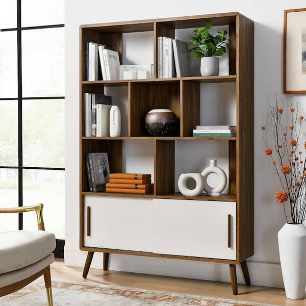 MODWAY Transmit 67 in. Tall Walnut Linen Wood 8-Shelf Bookcase