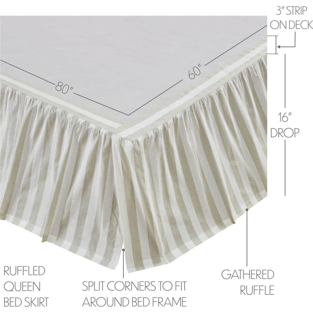 Soft White and Khaki Striped Cotton Queen Bed Skirt