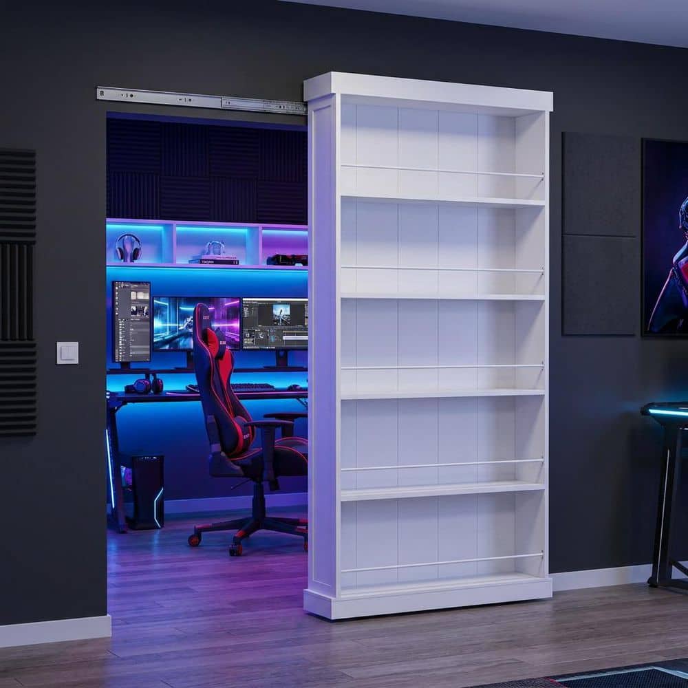 Tall white wooden bookcase in a modern room with a study setup.