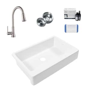 Grace 34 in. Quick-Fit Farmhouse Undermount Single Bowl White Traditional Fireclay Kitchen Sink with Pfirst Faucet Kit
