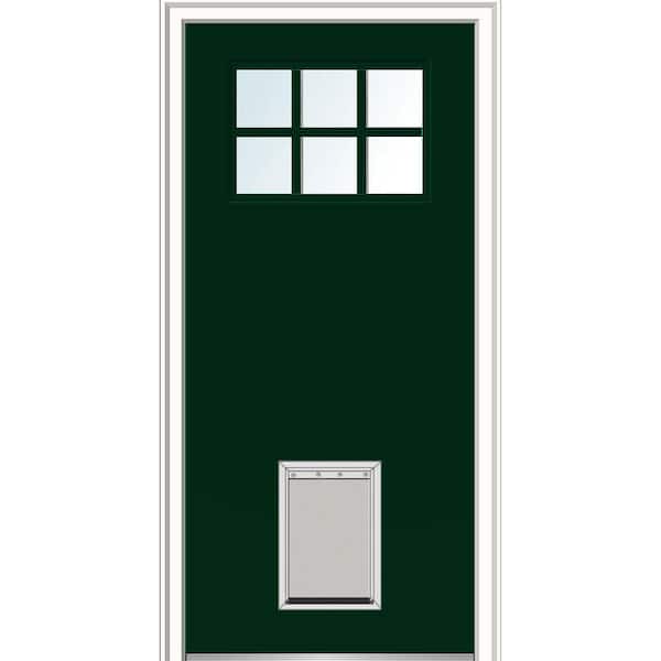 MMI Door 36 in. x 80 in. Classic Left-Hand Inswing 6-Lite Clear Painted Fiberglass Smooth Prehung Back Door with Large Pet Door