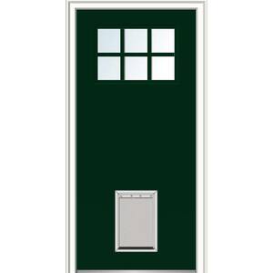 32 in. x 80 in. Classic Right-Hand Inswing 6-Lite Clear Painted Fiberglass Smooth Prehung Back Door with Large Pet Door