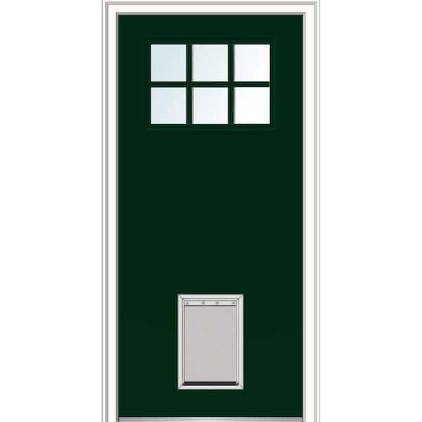 36 in. x 80 in. Classic Right-Hand Inswing 6-Lite Clear Painted Fiberglass Smooth Prehung Back Door with Large Pet Door