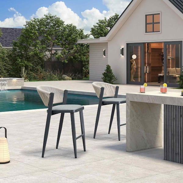 PURPLE LEAF Modern Aluminum Low Back Rattan Counter Height Outdoor Bar Stool with Backrest and Dark Gray Cushion, Drak Gray(2-Pack)