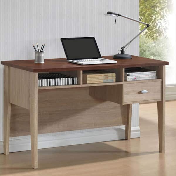 Baxton Studio 39.37 in. White/Natural Rectangular 1 -Drawer Writing Desk with Shelves