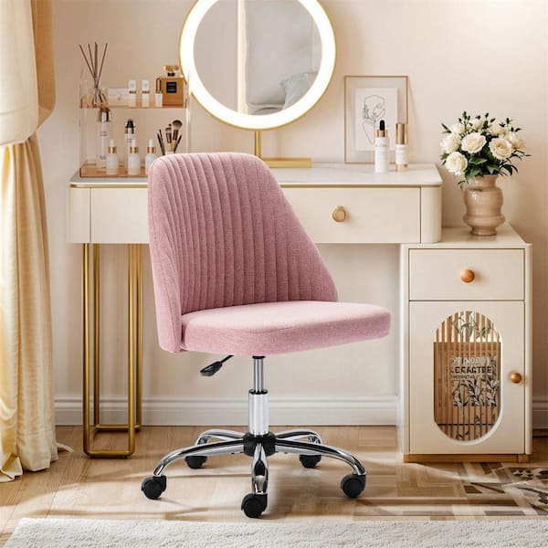 Chic Channel Tufted Back Fabric Vanity Swivel Task Chair Office Desk Chair in Pink with Armless for Home, Make-up