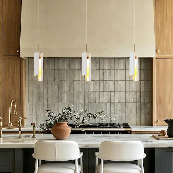 Modern 1-Light White and Gold Cylinder LED Pendant Light with Textured Interior Shade for Bedroom, Kitchens