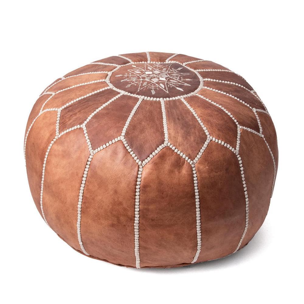 Modern Hand-Stitched Brown Leather Moroccan Pouf, 14" H x 20" W