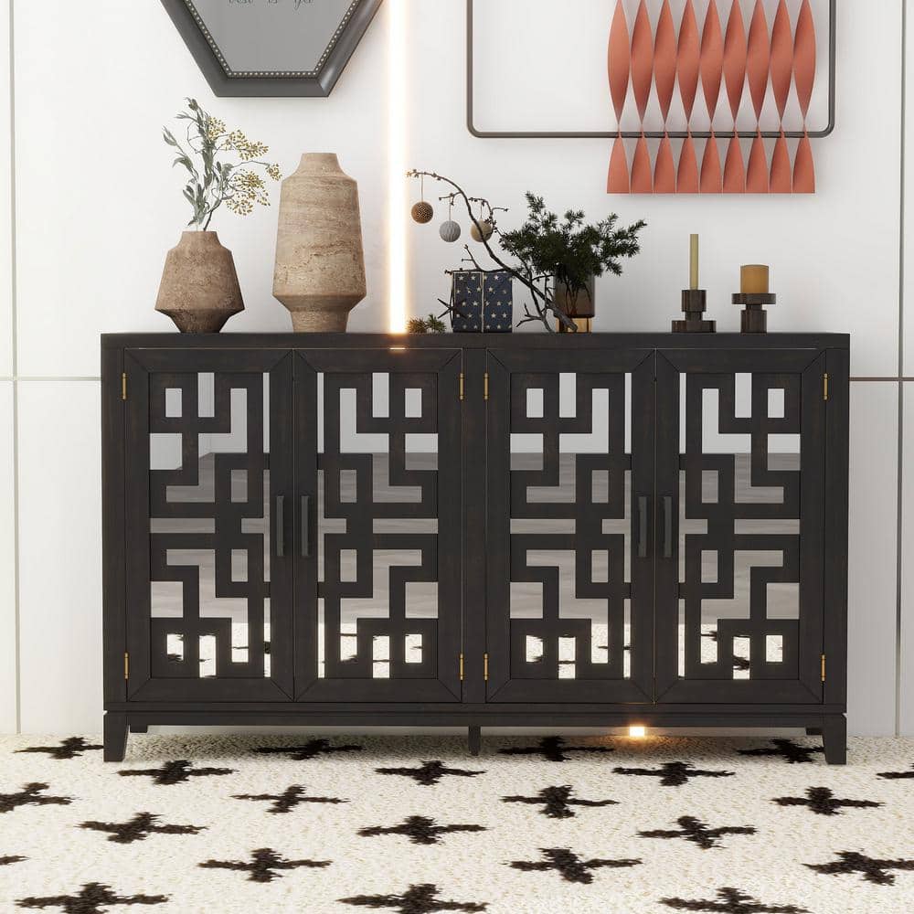 Espresso Solid Wood Retro 60 in. W 4-Door Mirrored Buffet Sideboard with Me