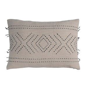 Natural & Black Kantha Stitch Polyester Fill 24 in. x 16 in. Throw Pillow