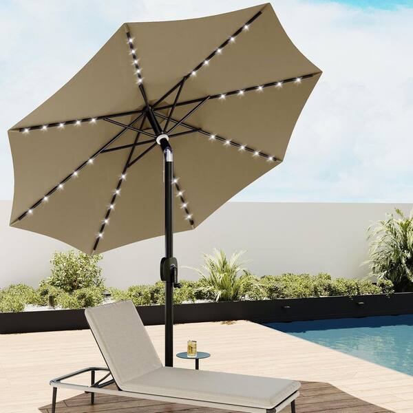Primehome 9ft. Solar Patio Umbrella w/ 32 LED Lights, Push-Button Tilt and Crank Lift - Perfect for Pool, Deck and Backyard in Tan