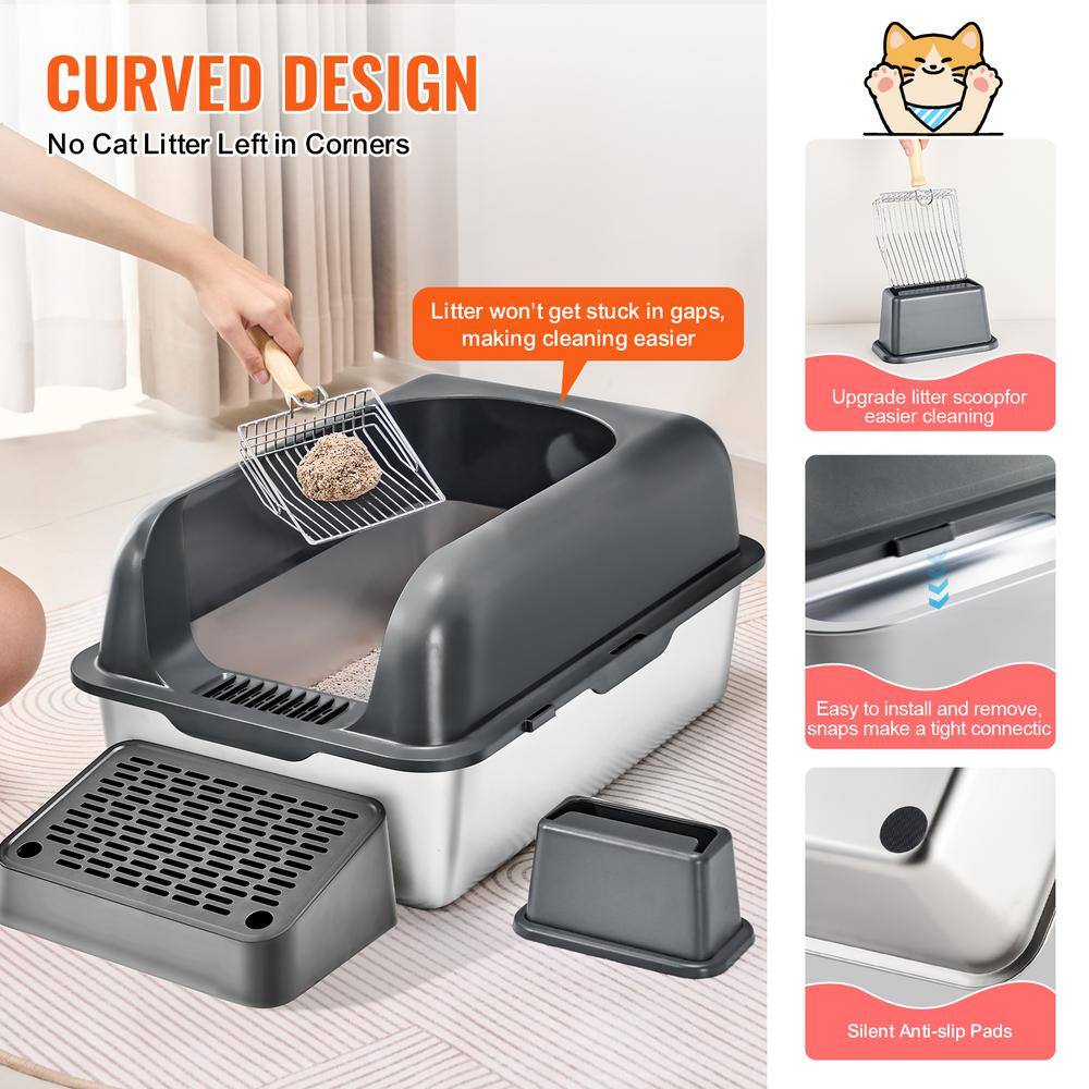 Extra Large Dark Gray Stainless Steel Covered Cat Litter Box with Scoop