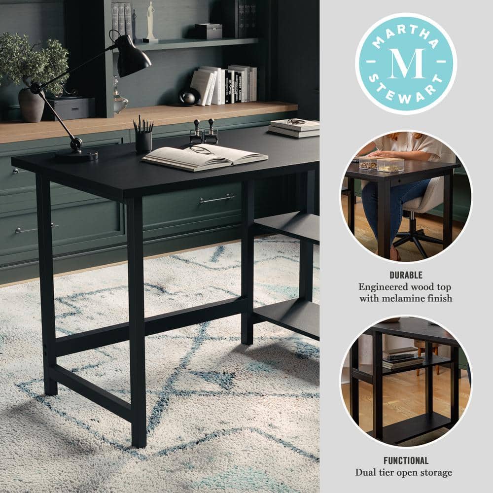 Black Wood Grain Trestle Desk with Open Shelving
