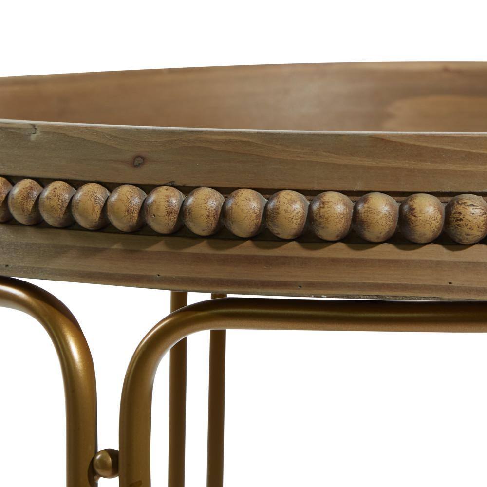 Round Light Brown Wood and Gold Metal Nesting Tables Set