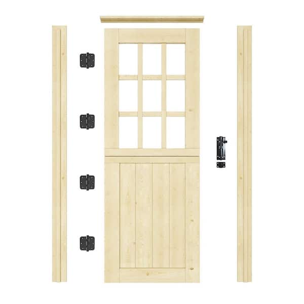 30 in. x 80 in. Solid Pine Universal 9-Lite Clear Glass Unfinished Dutch Wood Prehung Front Door +Quick Assemble Jamb