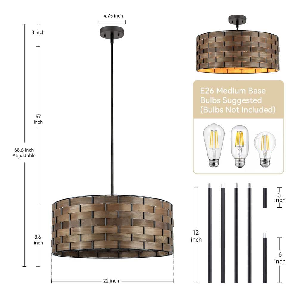 Walnut Wood Veneer Drum Pendant Chandelier with Black Metal Frame