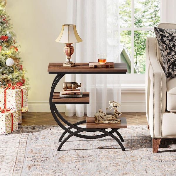 BYBLIGHT Kerlin 23.62 in. Width Dark Brown Wood C-Shaped End Side Table