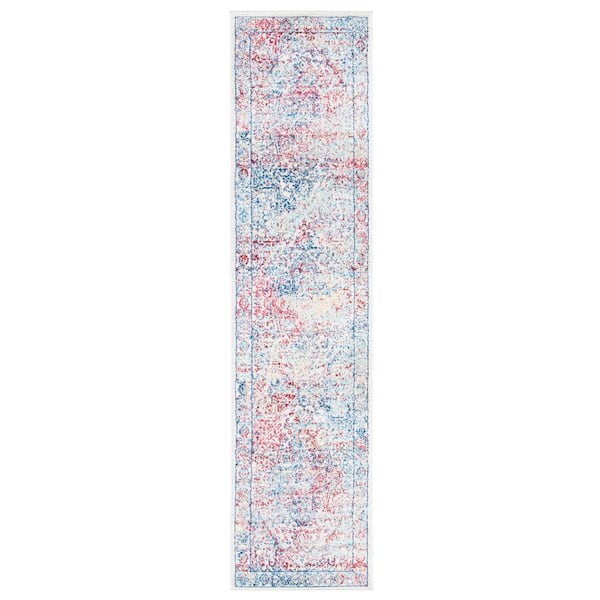Brentwood 2 ft. x 8 ft. Ivory/Blue Distressed Border Medallion Runner Rug