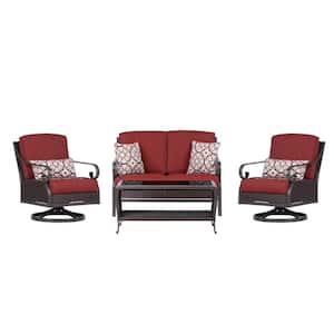 Madrid 4-Piece Wicker Patio Conversation Set w/ Red Cushions, 2 Swivel Chairs, Loveseat, Coffee Table, All-Weather